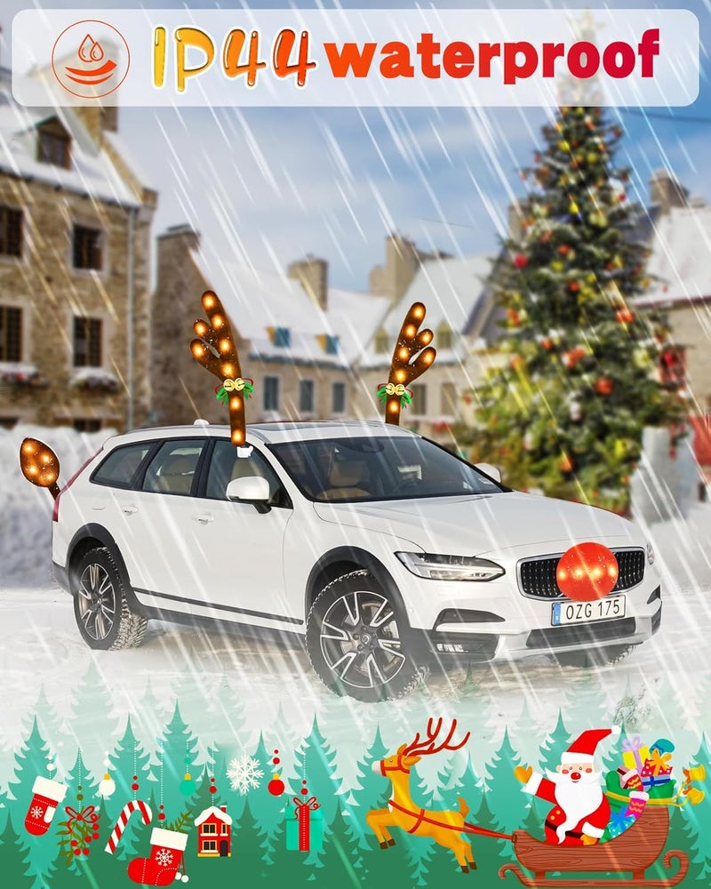 Dergo Christmas Reindeer Antlers Car Decoration Kit, Waterproof LED Lights Nose Vehicle with Jingle Bells Rudolph, Auto Holiday Accessories for SUV Van Truck Decor Warm White - Image 3